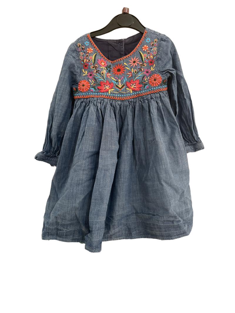 Preloved Marks & Spencer - Blue Denim Long Sleeve Dress With Colourful Floral Embroidery. (2-3y)