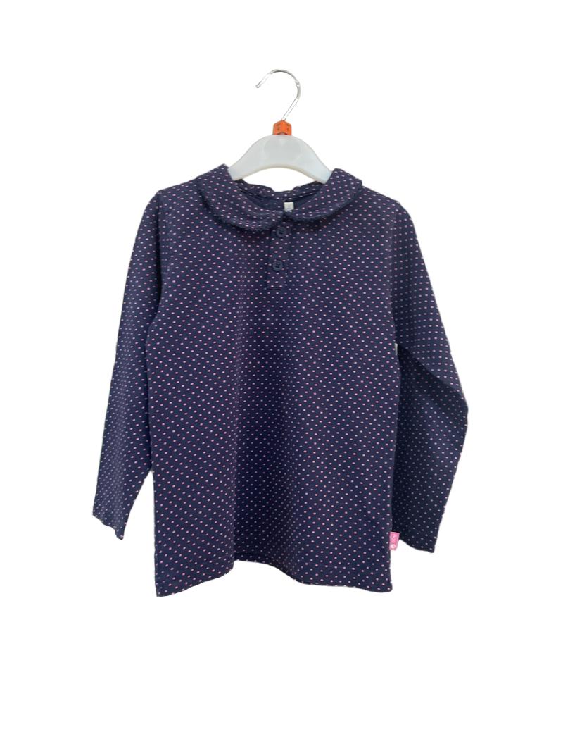 Preloved Jojo Maman Bebe - Navy Pink Polka Dot Peter Pan Collar Long-sleeved Top (4-5y)
