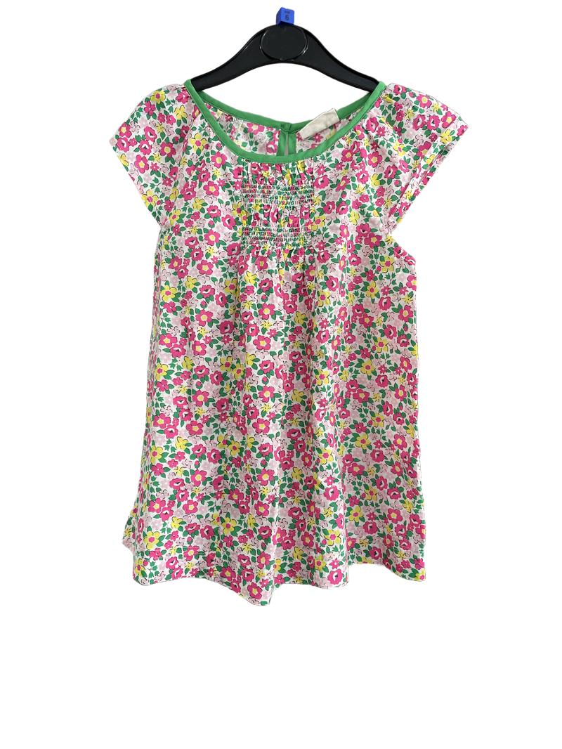 Preloved Mini Boden - Green Pink Yellow Floral Smocked Flutter Sleeve Top (6-7y)