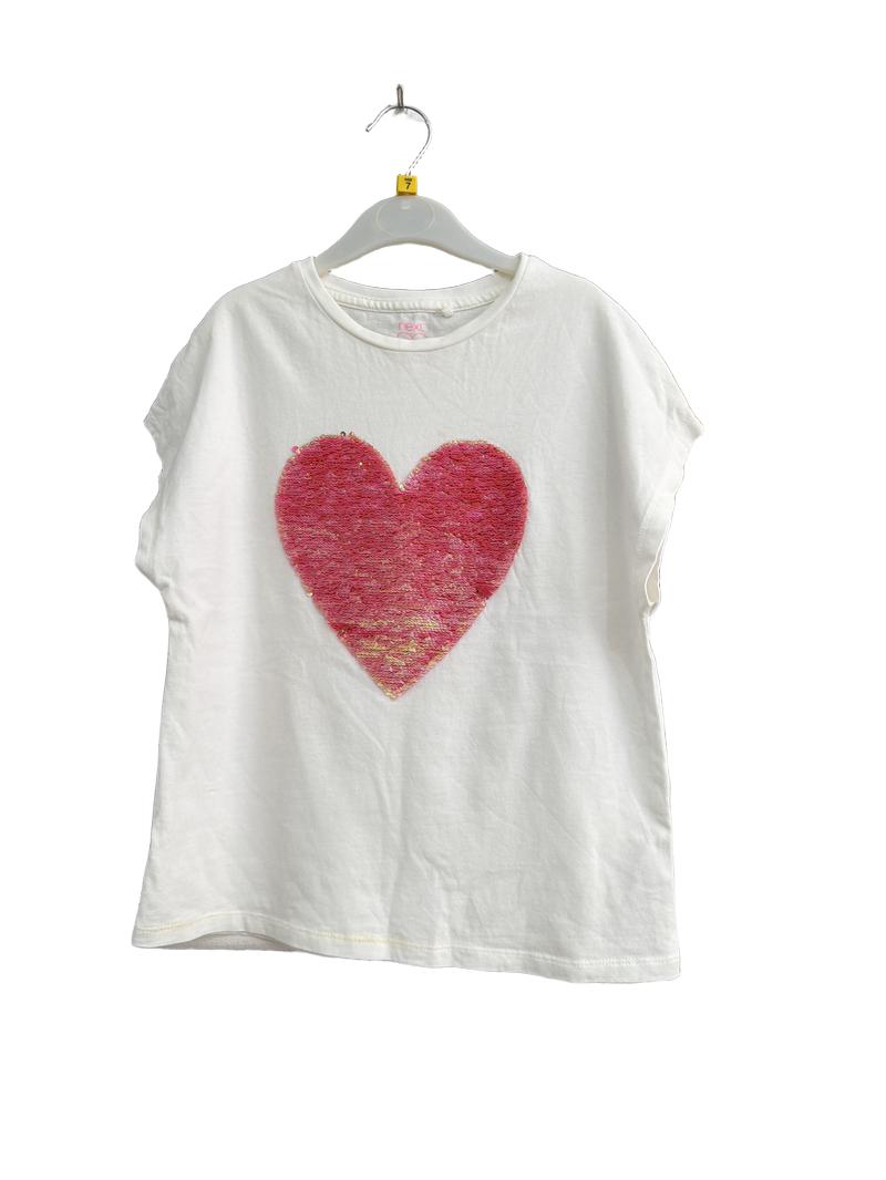 Preloved Next - White T Shirt With Pink Sequin Heart (7-8y)