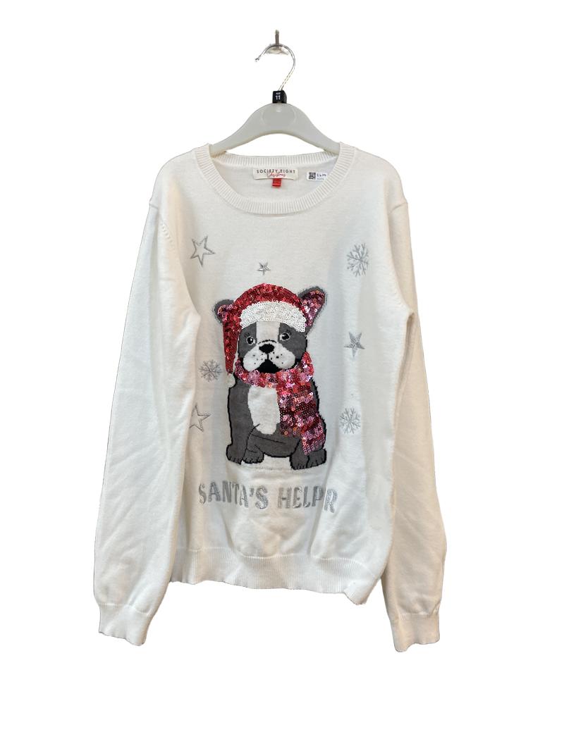 Preloved Society Eight - White Dog In Pink Sequin Scarf Jumper (11-12y)
