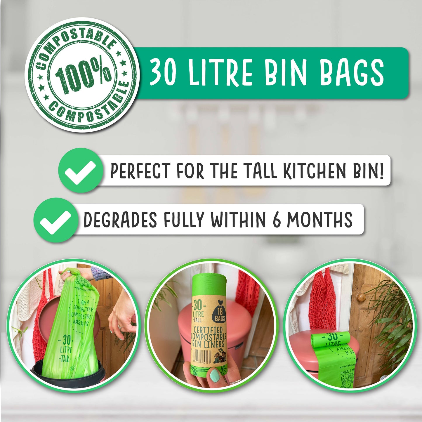 Compostable Bin Liners (30 Litre) | 1 roll of 18 bags