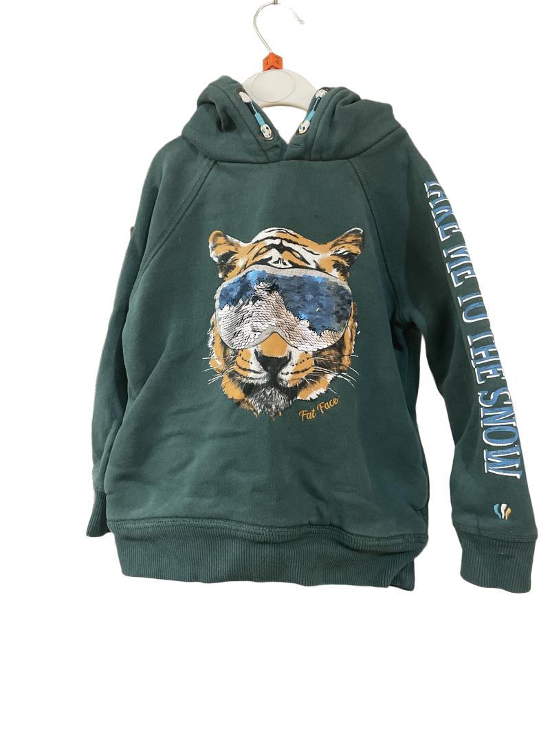 Preloved Fatface - Dark Green Tiger Jumper With Sequin Glasses. (4-5y)