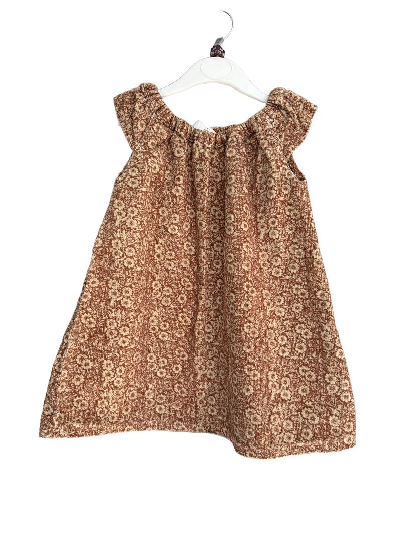Preloved Little Rascals Clothing - Brown Floral Print Corduroy Cap Sleeve Dress (12-18m, 18-24m)