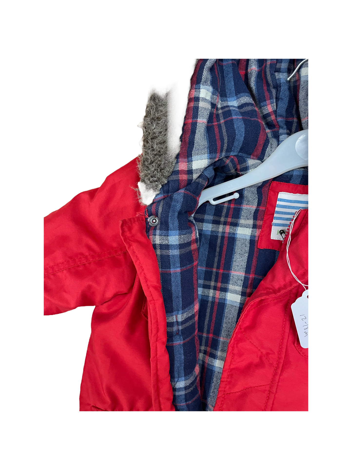 Preloved John lewis red faux fur onesie pram coat 12-18m