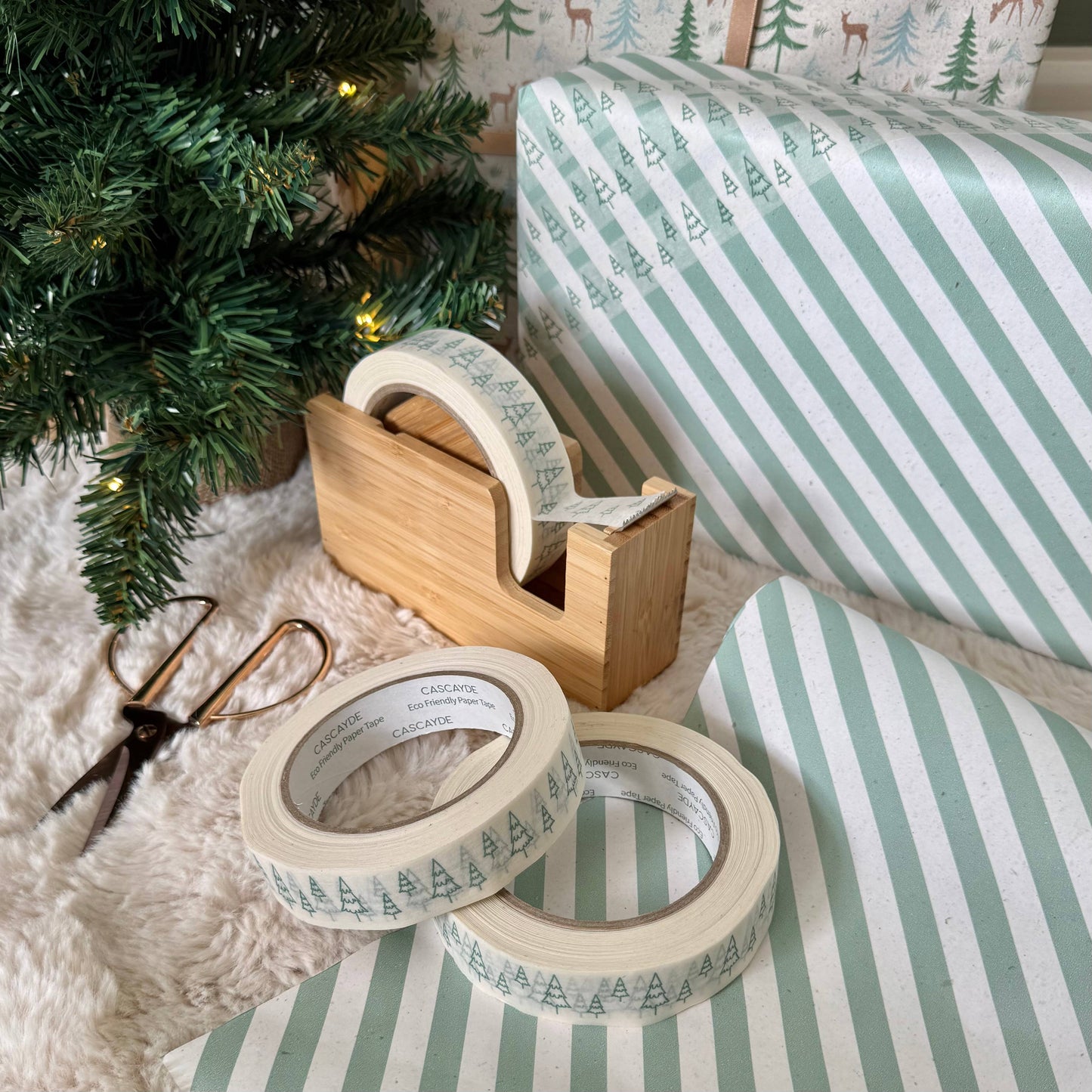 Green Christmas Tree (White) Paper Tape 24mm - Gift Wrapping