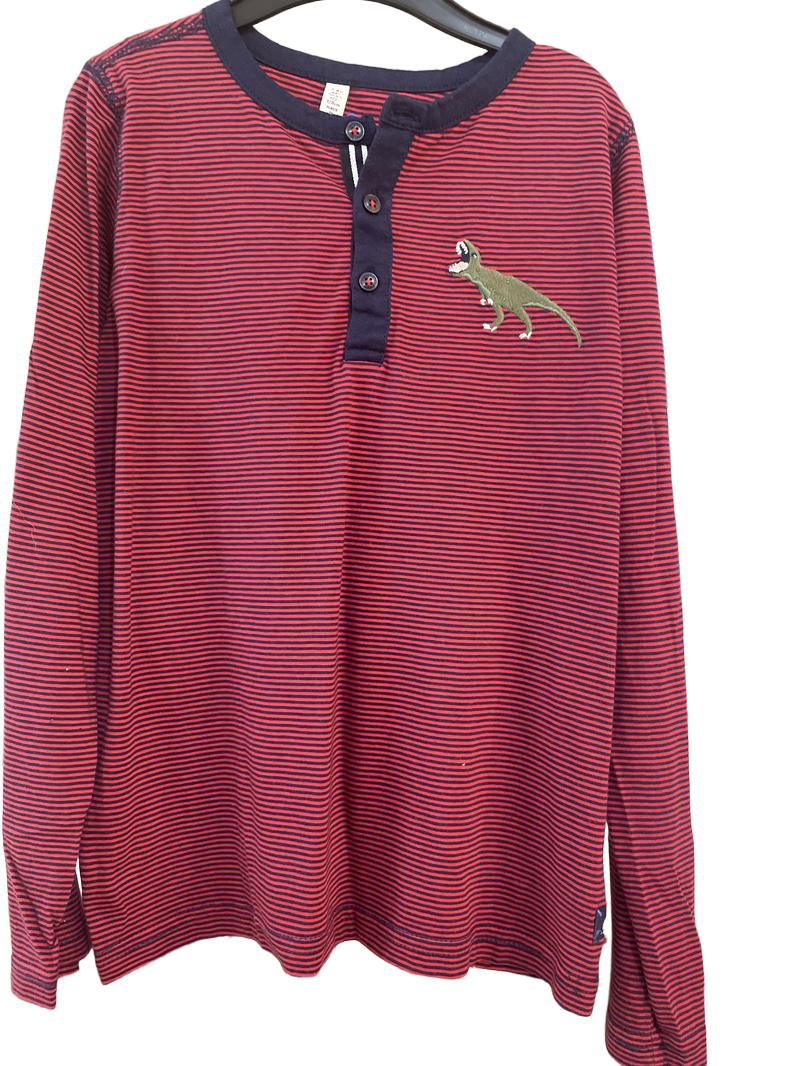 Preloved Joules - Red Navy Stripe Dinosaur Applique Long-sleeved T Shirt (7-8y)