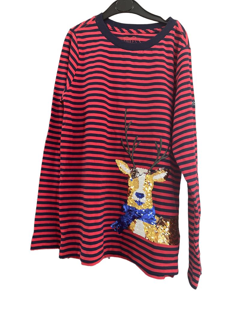 Preloved Joules - Red And Navy Stripe Long Sleeve Top With Sequin Reindeer. (8-9y)