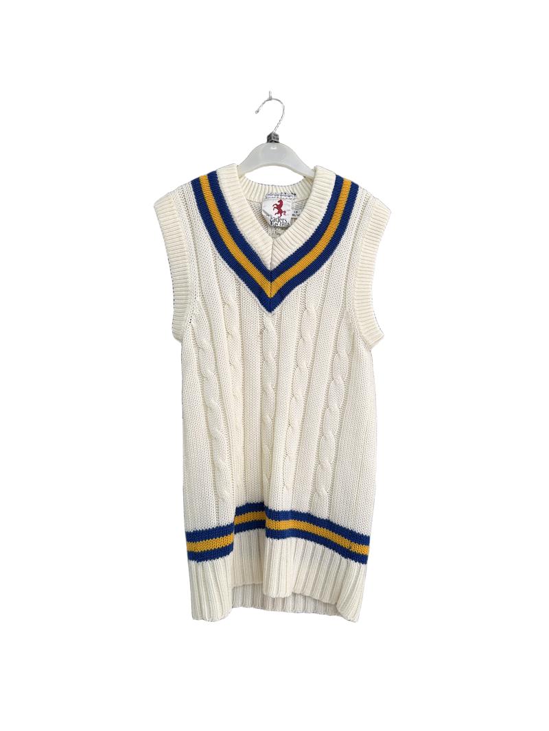 Preloved Readers - Cream Blue Yellow Cricket Slipover / Sleeveless Sweater Junior, LB 30/32 (9-10y, 10-11y)