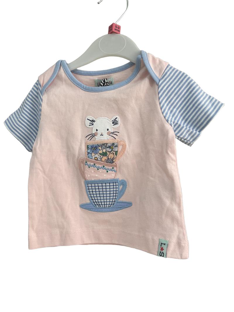 Preloved Lilly + Sid - Pink Mouse Teacup Applique Short-sleeved T Shirt (0-3m)