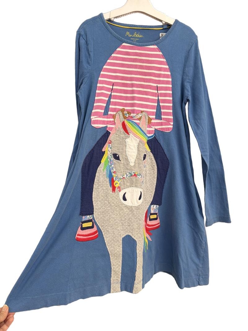 Preloved Mini Boden - Blue Horse Rider Appliqué Long-sleeved Dress (11-12y)