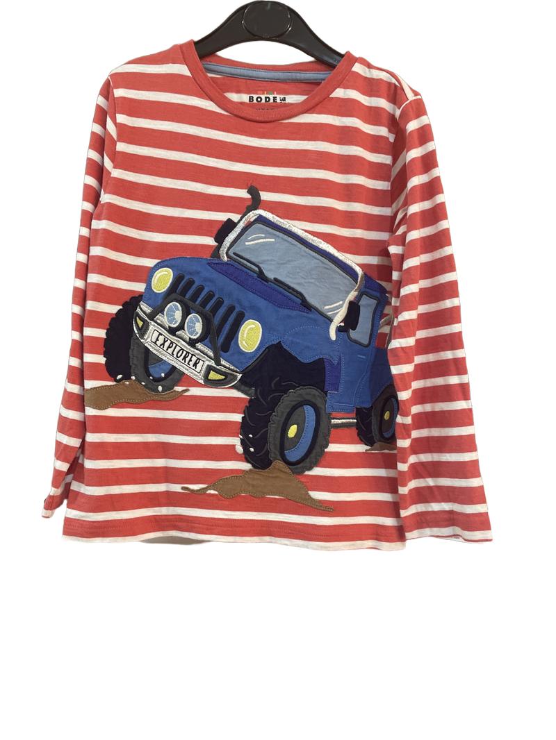 Preloved Mini Boden - Red White Stripe Jeep Applique Long-sleeved Shirt (5-6y)