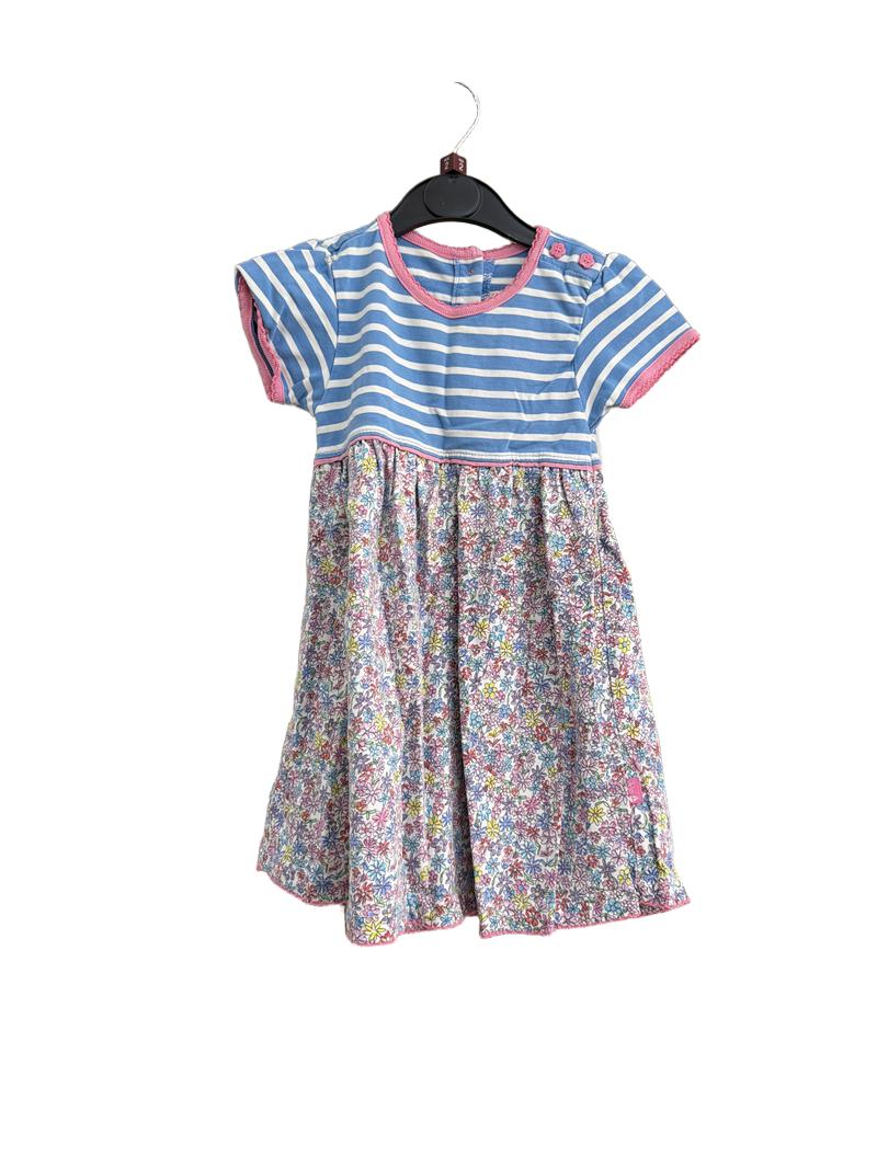 Preloved Jojo Maman Bebe - Blue White Stripe Floral Ditsy Short-sleeved Dress (2-3y)