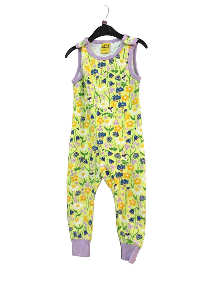 Preloved Duns - Green Purple Floral Print Organic Cotton Dungarees, 86 Cm (18-24m)