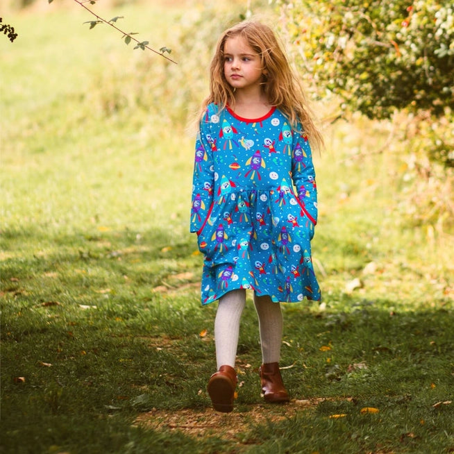 Ducky Zebra Organic Cotton Kids Skater Dress with Pockets and Space Print