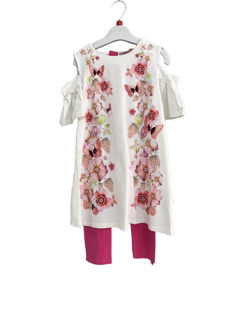 Preloved Baker By Ted Baker - White Pink Floral Butterfly Peekaboo Shoulder Top With Leggings (8-9y)