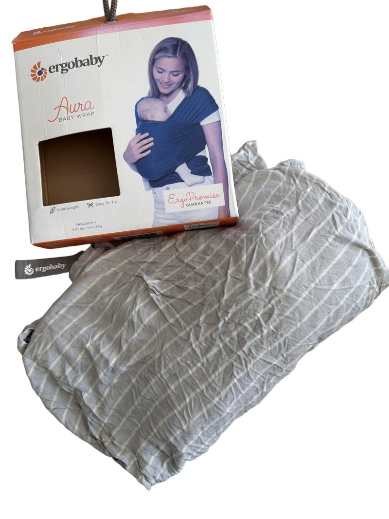 Preloved Ergobaby - Aura Gray Striped Baby Wrap, Newborn + (8-25 Lbs), In Box