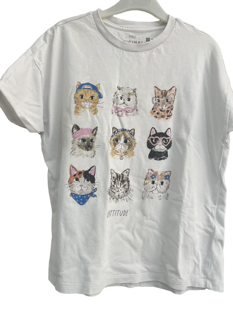 Preloved Marks & Spencer - White Cat "Cattitude" Print T Shirt (10-11y)
