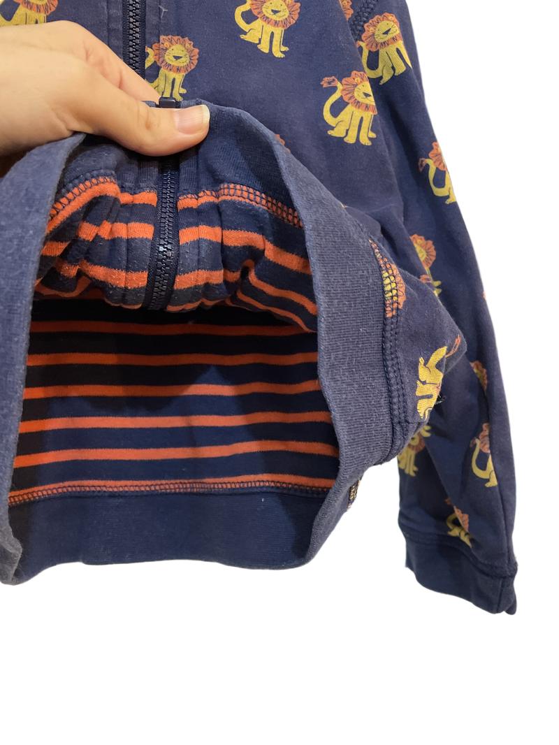 Preloved Jojo Maman Bebe - Navy Lion Print/stripe Reversible Zip Hoodie (3-4y)