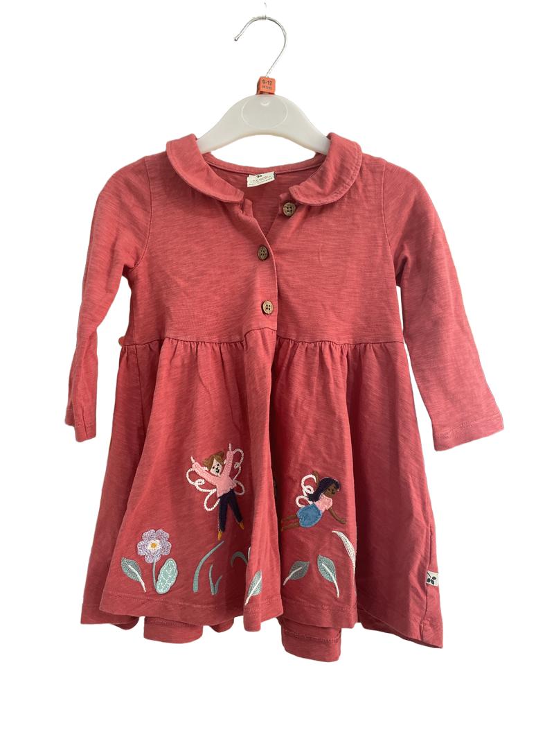 Preloved Frugi - Pink Garden Fairy Applique Long-sleeved Dress (9-12m)