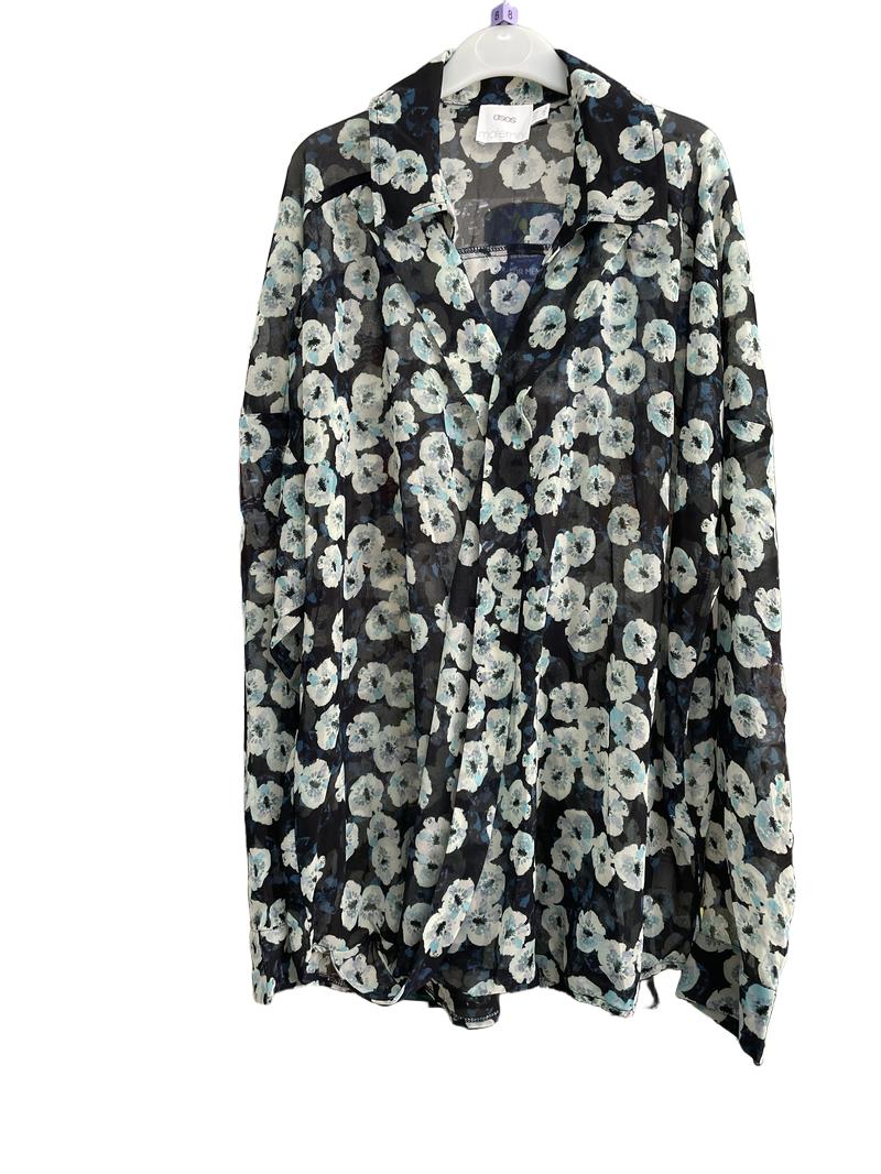Preloved Asos - Black Blue White Floral Print Chiffon Long-sleeved Maternity And Nursing Button Down Top (9) - Top