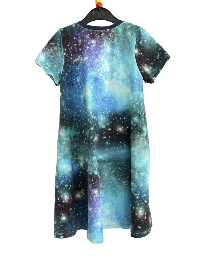 Preloved Unknown Brand - Blue Space Print Short-sleeved Dress, Hand Made (8-9y, 7-8y)