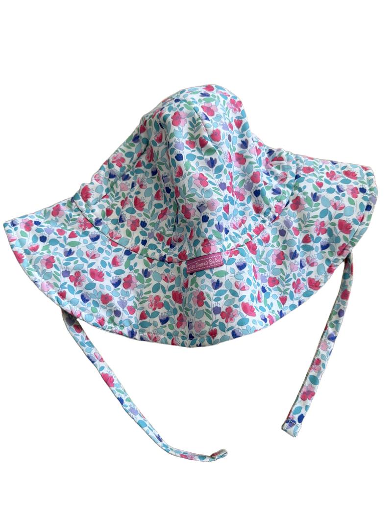 Preloved Jojo Maman Bebe - White Floral Print Sun Hat With Straps (2-3y)