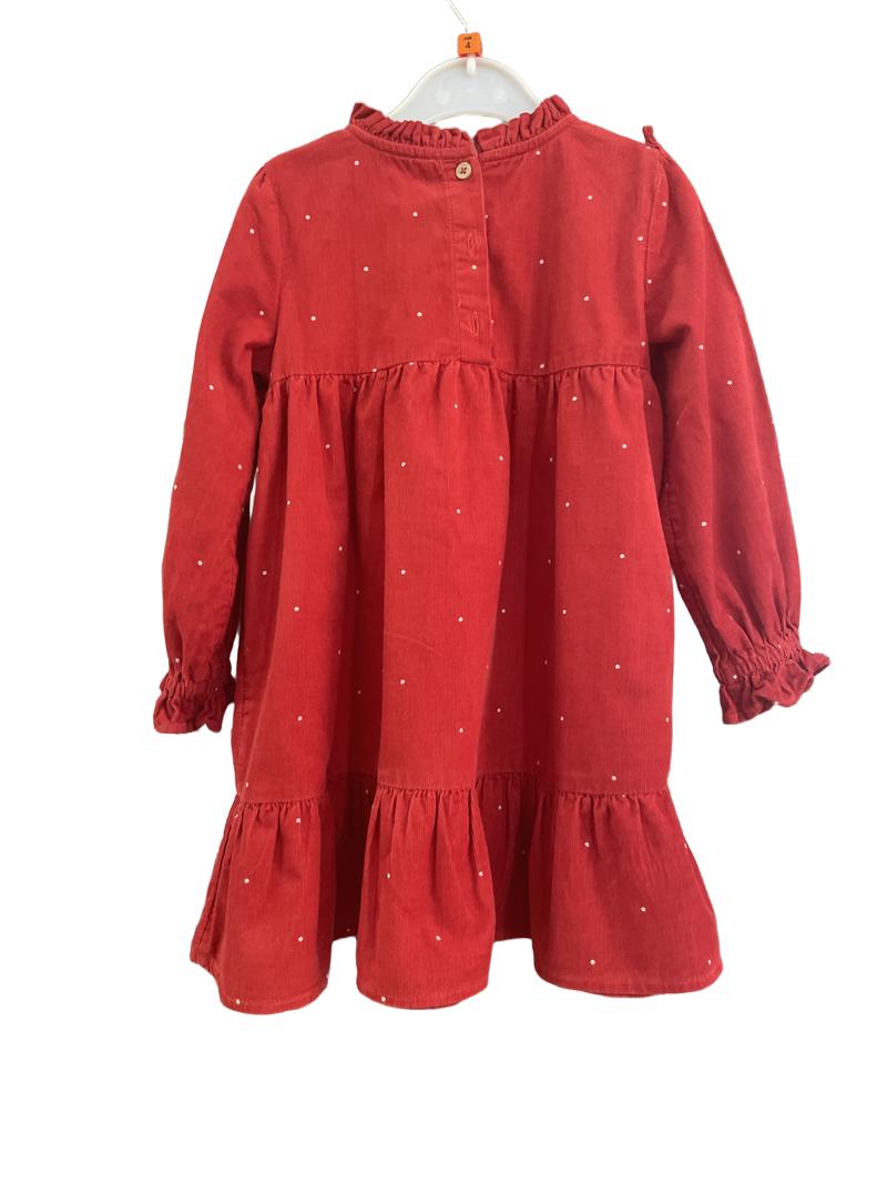 Preloved Marks & Spencer - Red Polka Dot Corduroy Long-sleeved Dress (4-5y)