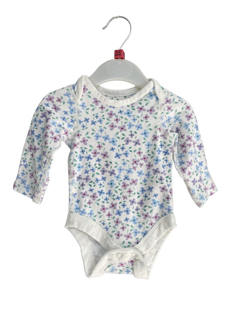 Preloved Marks & Spencer - White Floral Print Long-sleeved Onesie, 0-1 Month (0-3m)
