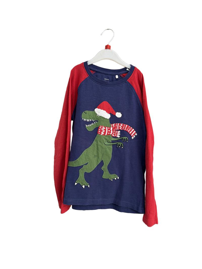 Preloved John Lewis - Navy Red Christmas Dinosaur Appliqué Long-sleeved Top (8y)