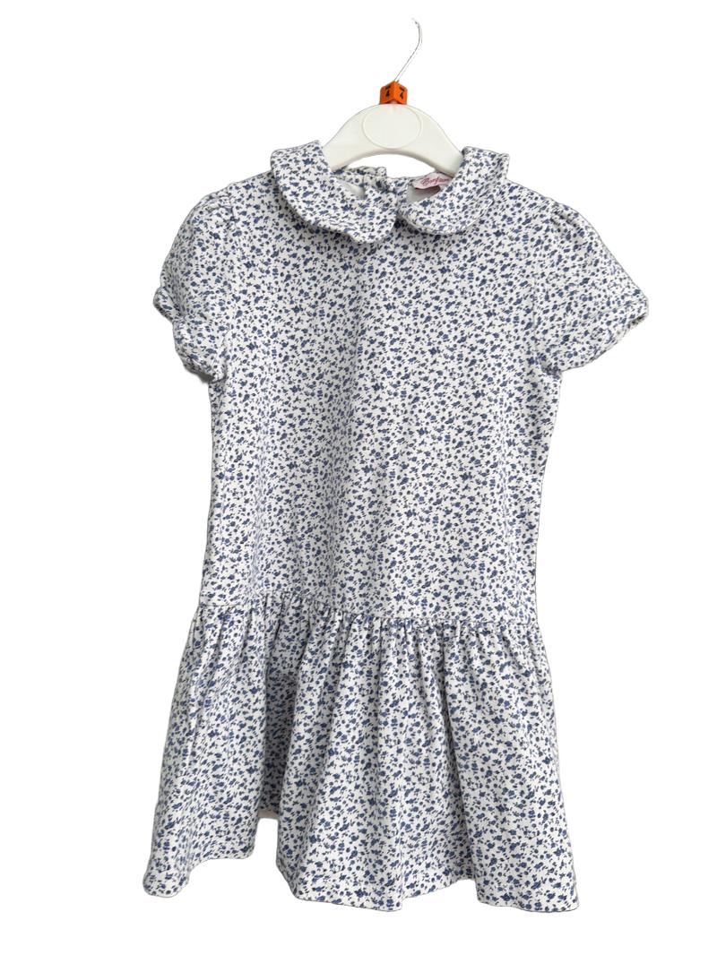 Preloved Confiture - White Blue Floral Print Short-sleeved Drop Waist Dress (4-5y)