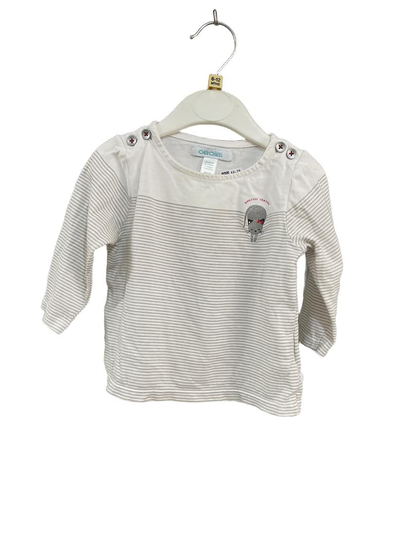 Preloved Obaibi - White Beige Stripe Cat Long-sleeved T Shirt (6-12m)