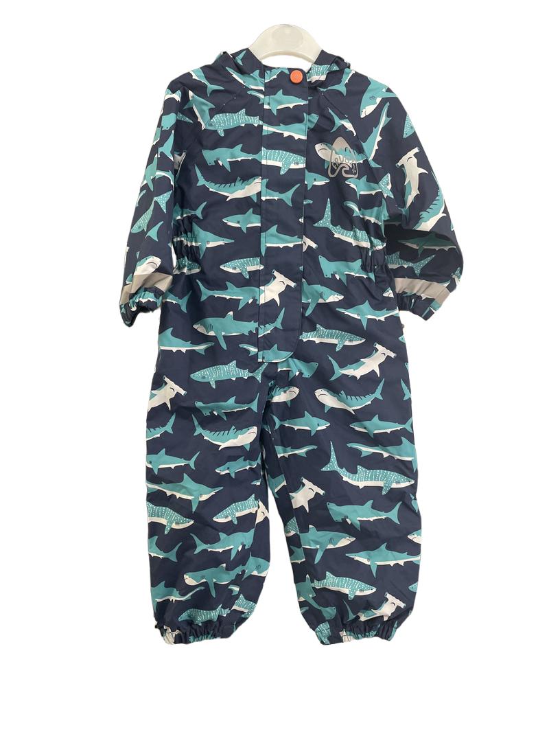 Preloved Frugi - Shark Print Puddlesuit/ All In One Waterproof. (1-2)