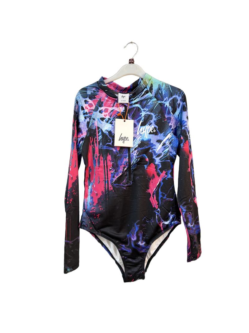 Preloved Hype - Black Pink Blue Long-sleeved Zip One Piece Swimsuit, NEW With Tags (13-14y)