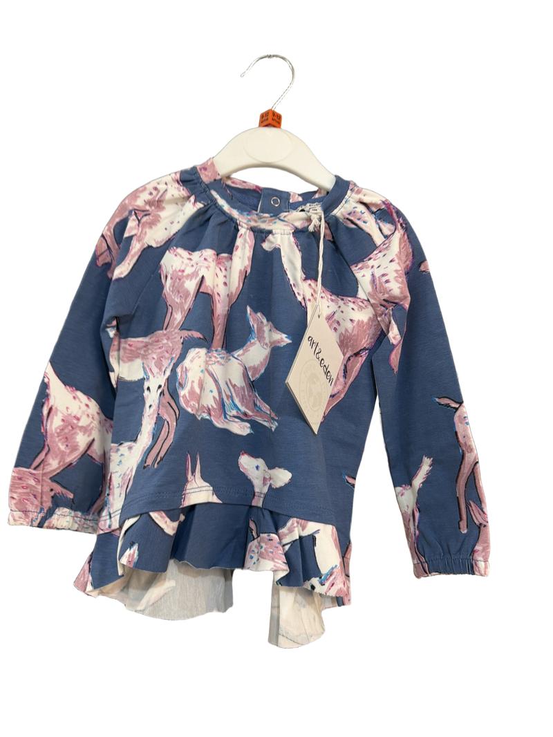 Preloved Art & Eden - Blue Pink "Yes Deer" Mini Ella Long-sleeved Tee, NEW With Tags (9-12m)
