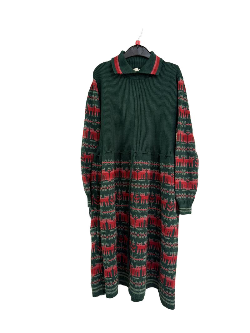 Preloved Clothkits Knitwear - Green Red Cat Pattern Knit Dress