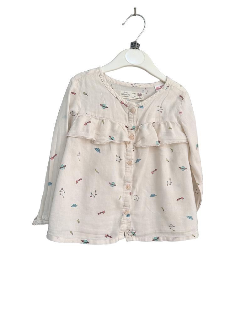 Preloved Zara - Pink Space Print Ruffle Long-sleeved Shirt (12-18m)