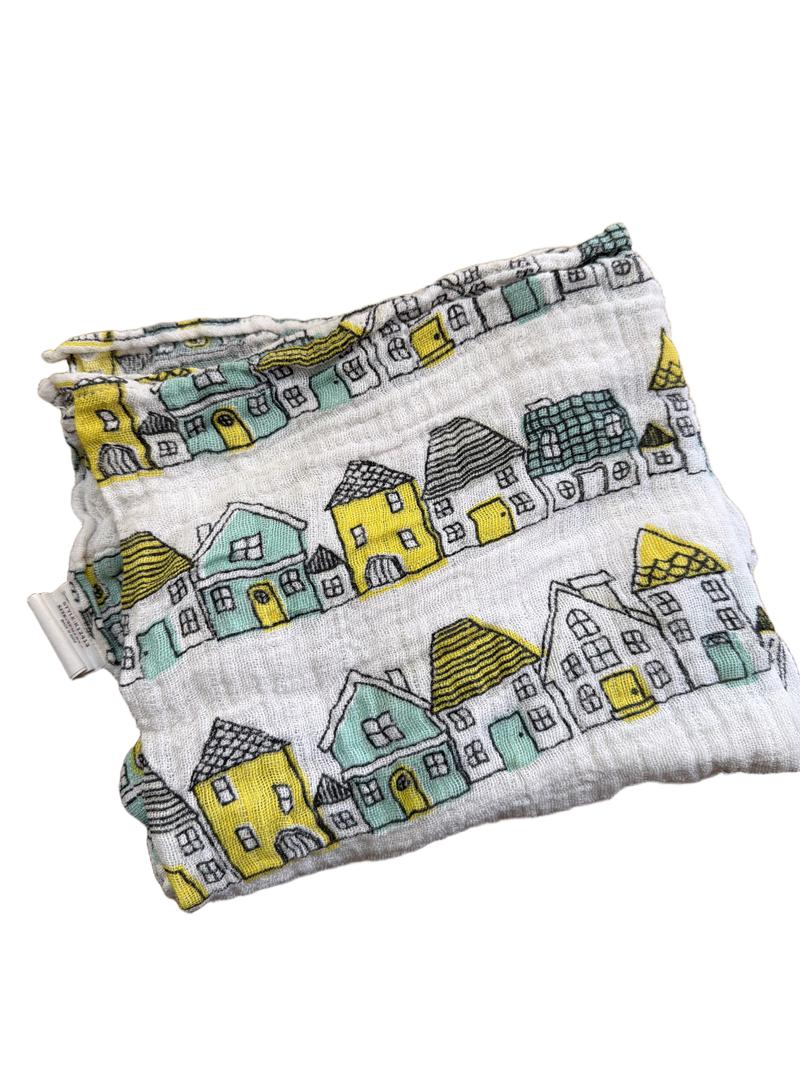 Preloved Jainco - Yellow Green White Houses Muslin (75x100 cm)