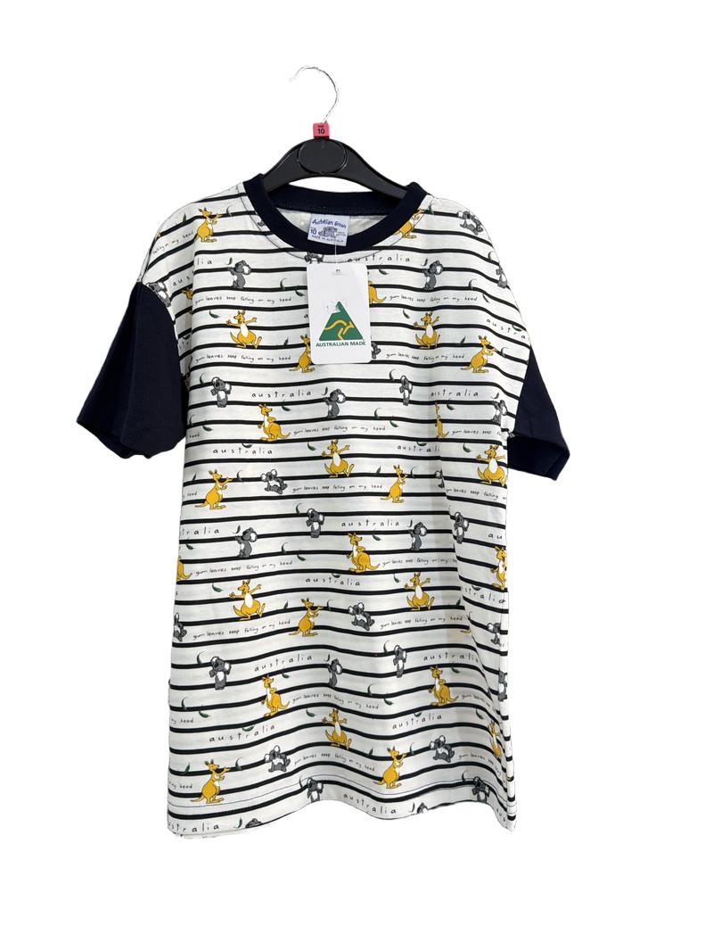 Preloved Australian Grown - Navy White Stripe Tshirt With Australian Animal Print, NEW With Tags (10-11y)