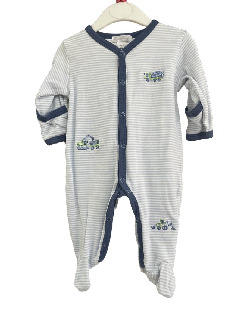 Preloved Kissy Kissy - Blue Stripe Sleepsuit With Embroidered Vehicles. (0-3m)