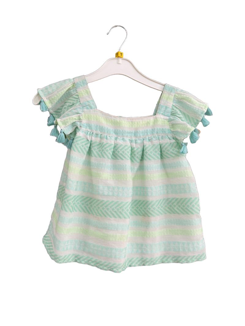 Preloved Shabby Chic - Green White Lightweight Flutter Sleeve Top (7-8y)