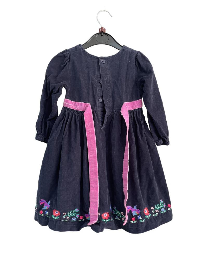 Preloved Jojo Maman Bebe - Dark Blue Corduroy Dress, Long Sleeves, Pink Ribbon And Embroidered Trim (2 UK)