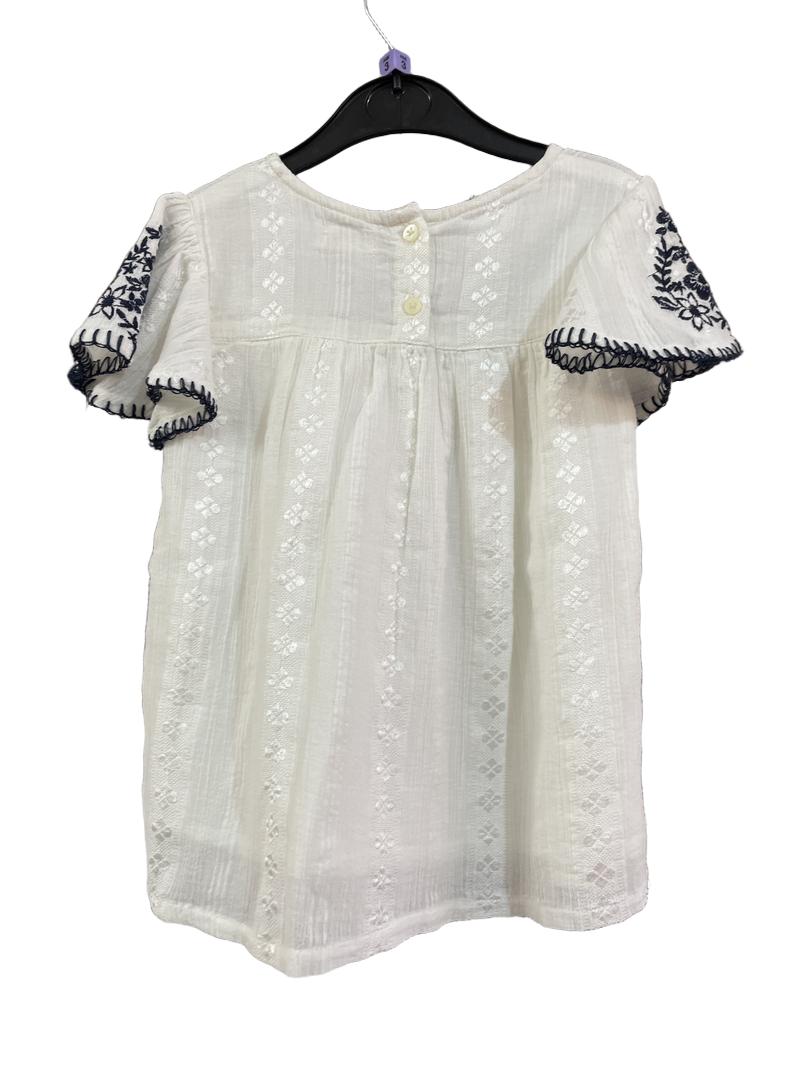 Preloved Orchestra - White Lightweight Cotton Short-sleeved Top With Navy Embroidery (3-4y) - Top