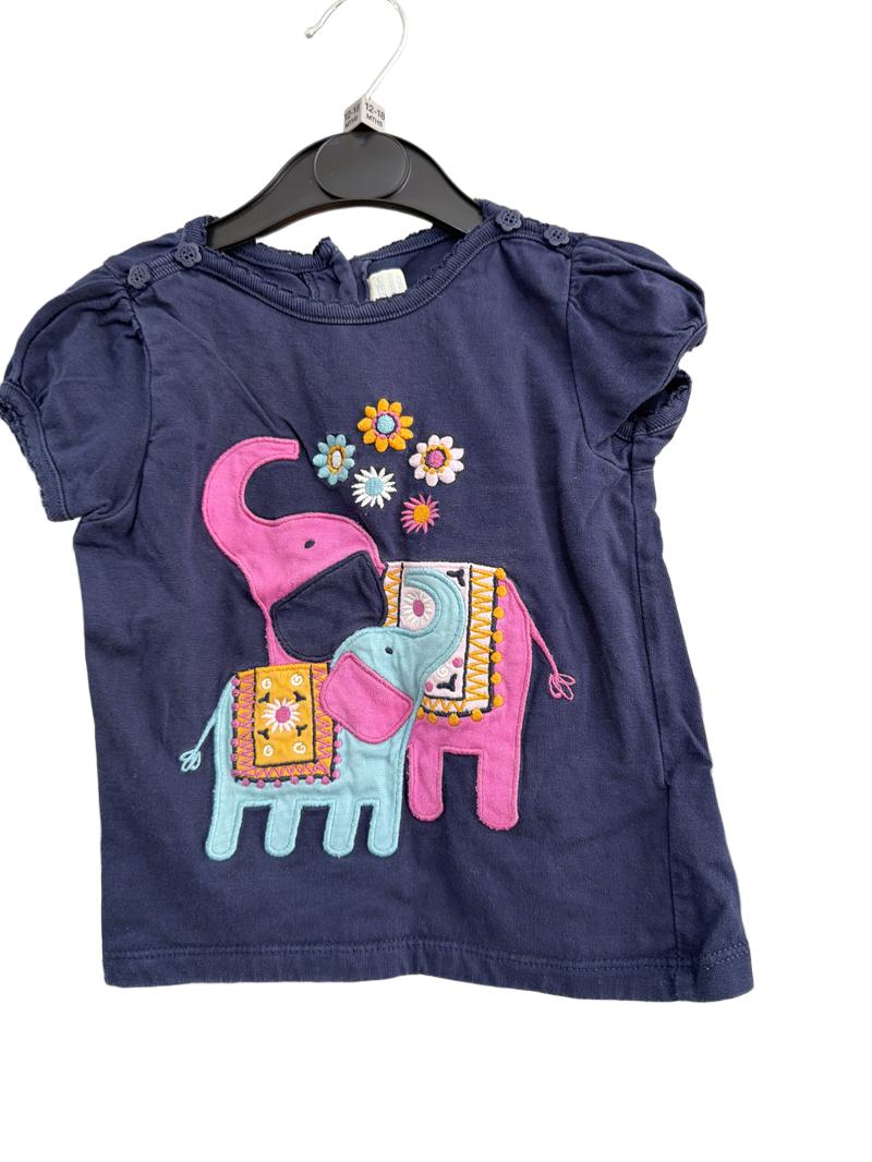 Preloved Jojo Maman Bebe - Navy Pink Elephant Appliqué T Shirt (12-18m)