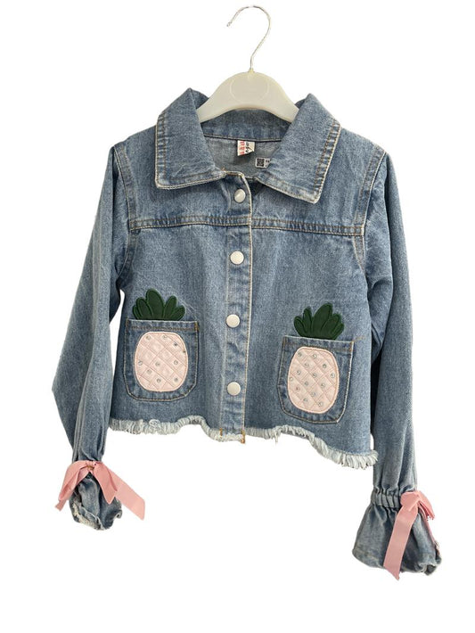 Preloved Fukangw - Denim Jacket With Pineapple Appliques, XL (6-7y)