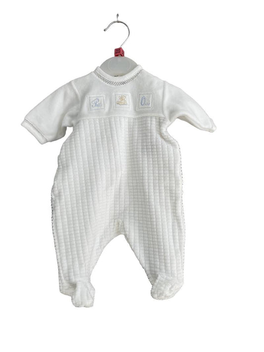 Preloved Petit Bateau - White Velour Long-sleeved Sleepsuit Onesie, Birth To 50 Cm (0-3m) - Onesie
