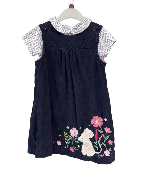 Preloved Jojo Maman Bebe - Navy Corduroy Mouse Dress With Floral Short-sleeved Shirt (2-3y)