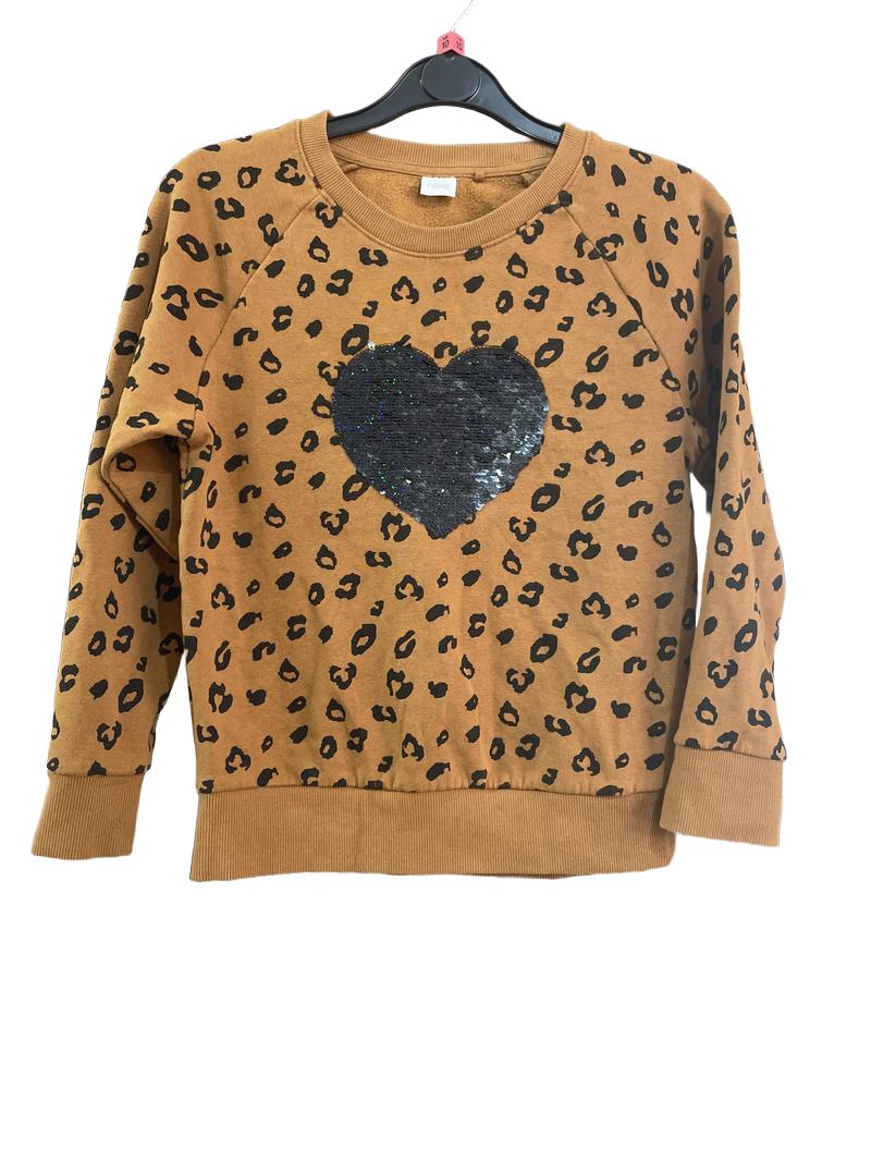 Preloved Next - Brown Leopard Jumper With Colour Change Sequin Heart. (10y, 10-11y)