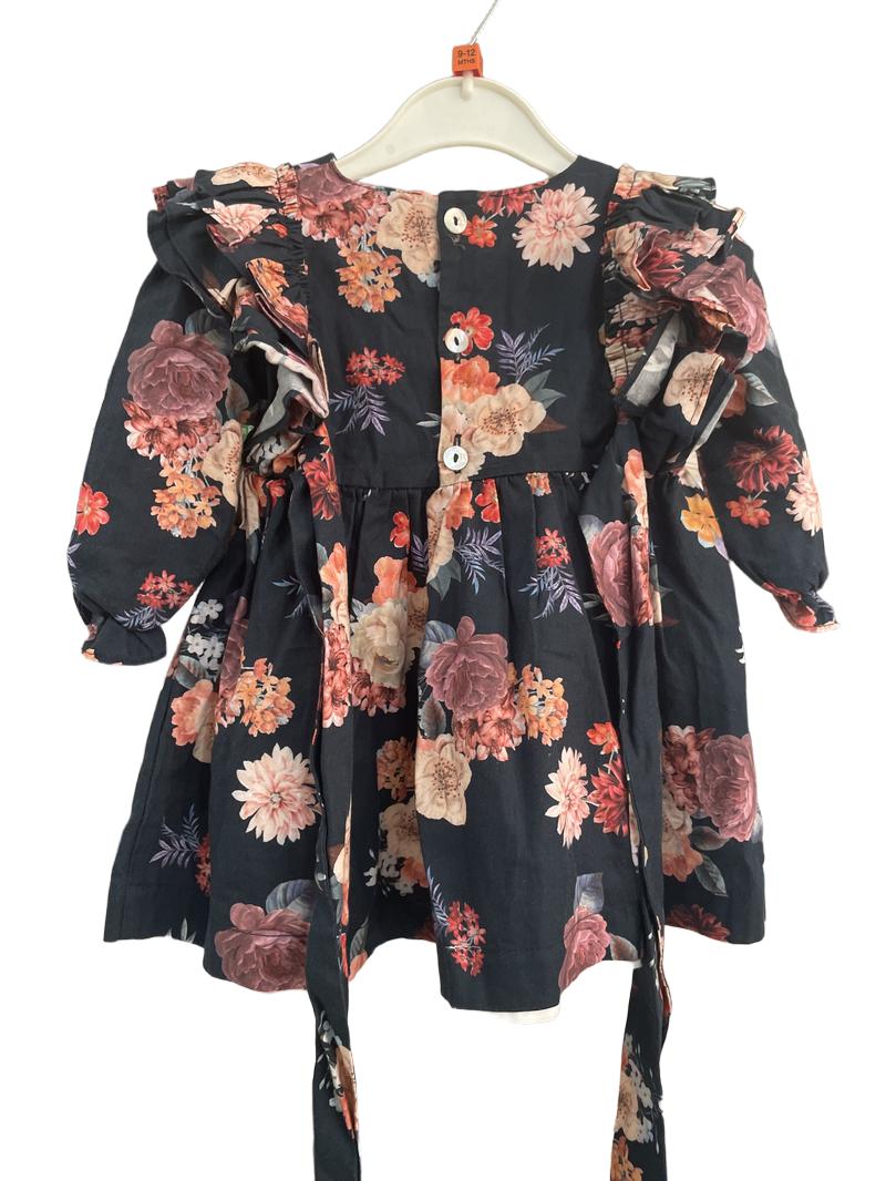 Preloved Benedita - Navy Floral Print Ruffled Long-sleeved Dress (12-18m)