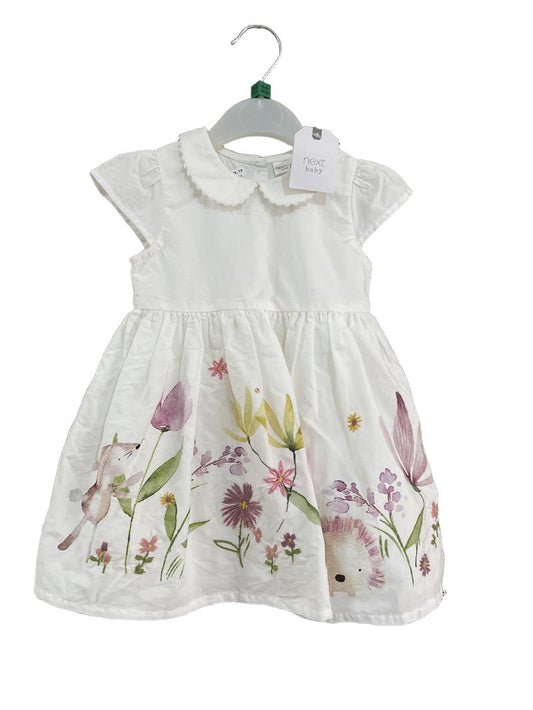 Preloved Next - White Floral Print Embroidered Short-sleeved Dress, NEW With Tags (6-9m)